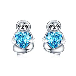 Sterling Silver Sloth Stud Earrings with Heart Crystals Birthday Sloth Gifts for Women Her
